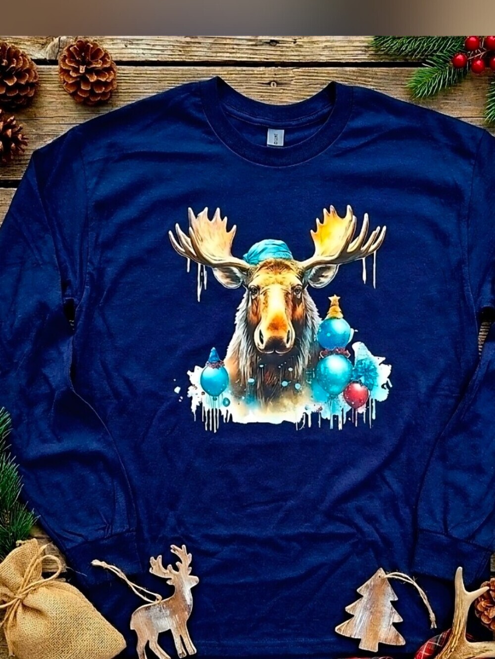 Christmas Moose Long Sleeve T‑Shirt • Rustic Holiday Wildlife Graphic • Cozy